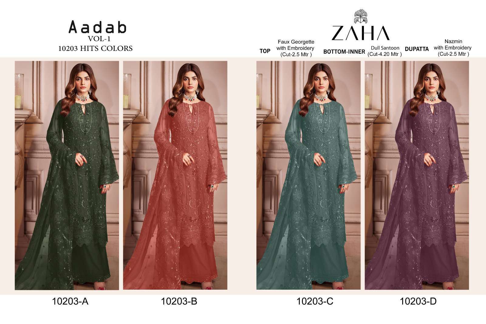 Zaha Aadab Vol 1 10203 Colors Fancy Georgette Pakistani Dress Wholesalers