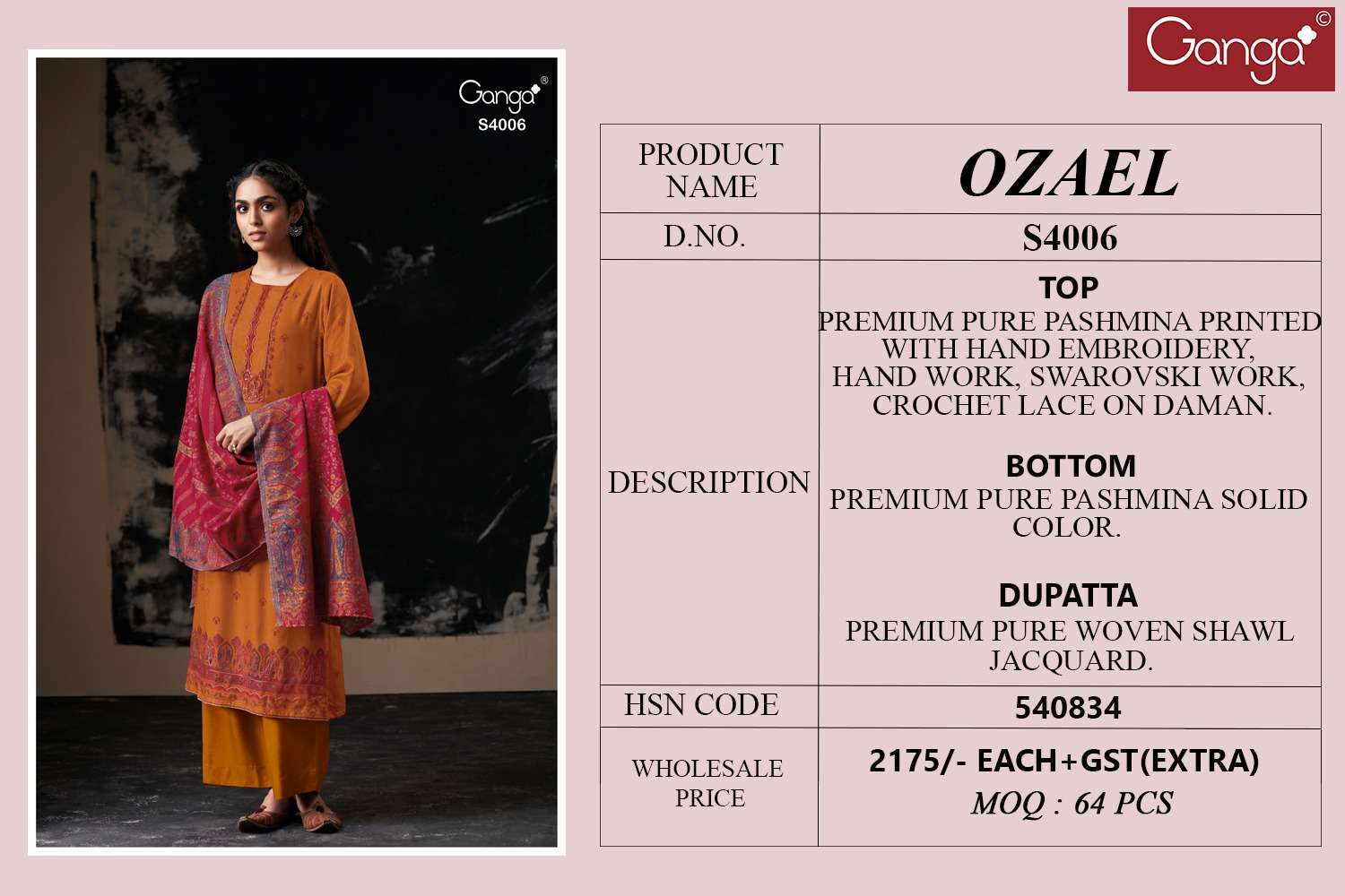 Ganga Fashion Ozael 4006 Pure Pashmina Winter Collection Ladies Suits