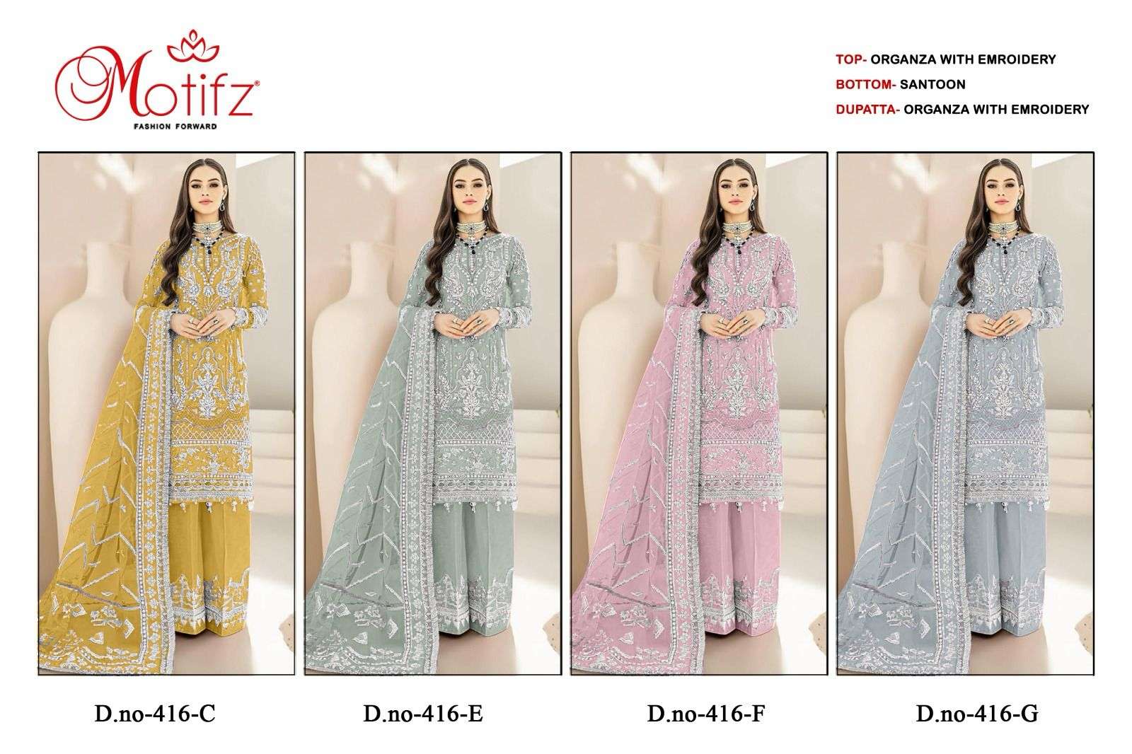 Motifz 416 Colors Designer Organza Pakistani Festive Wear Suit Exporters