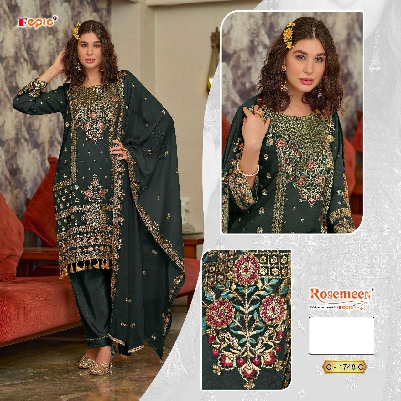 Fepic Rosemeen Georgette Embroidered Suit