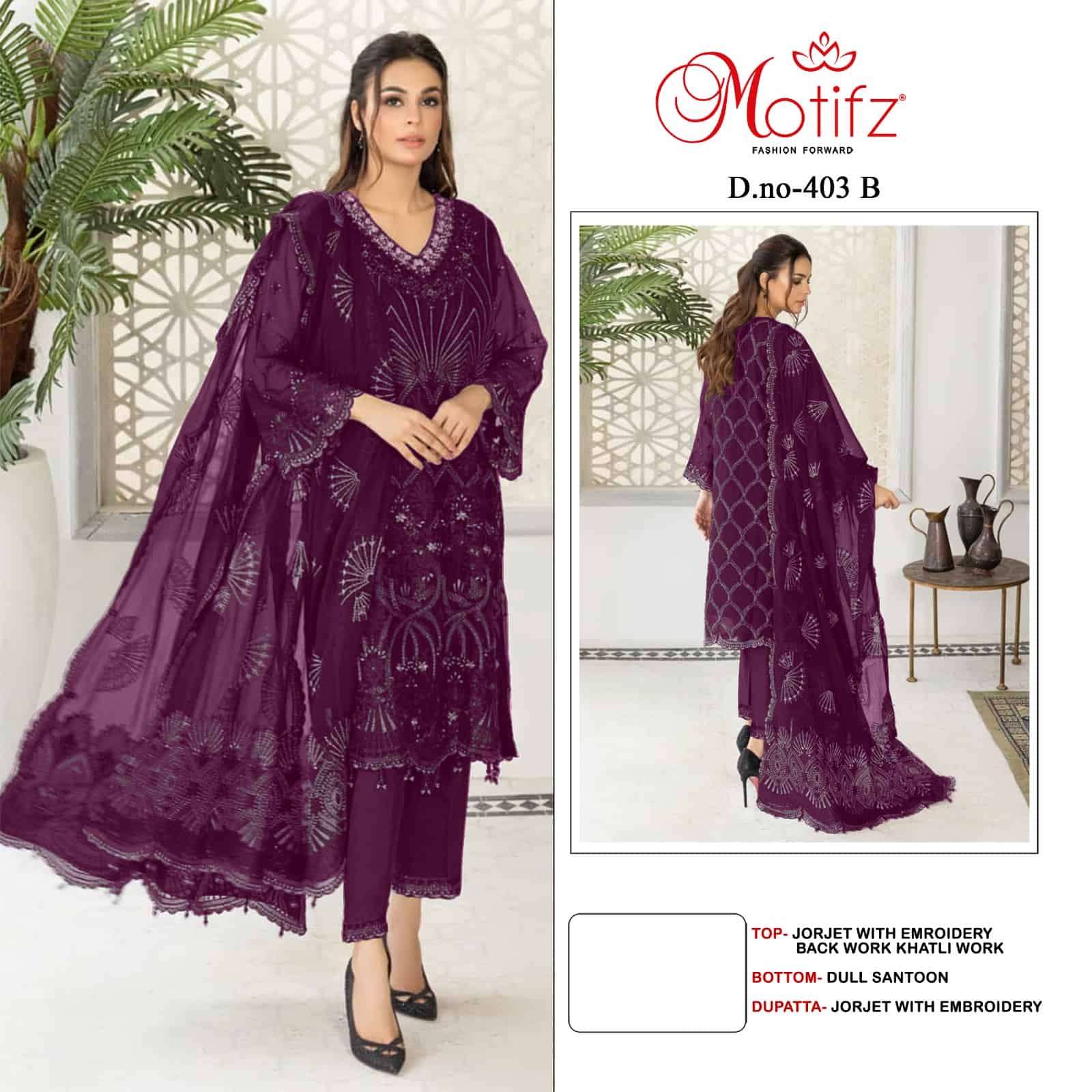 Motifz 403 Colors Pakistani Exclusive Designer Style Party wear Suit Wholesalers