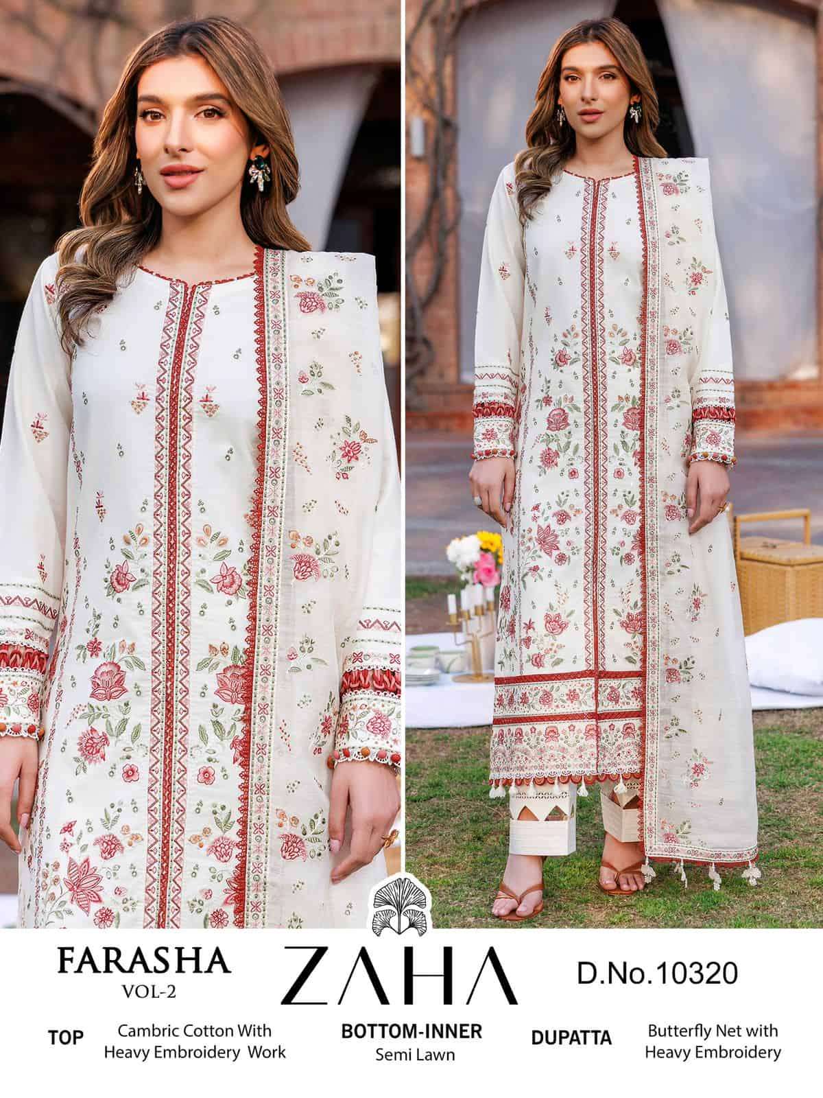 Zaha 10320 Pakistani Designer Heavy Embroidered Cotton Suit Collection