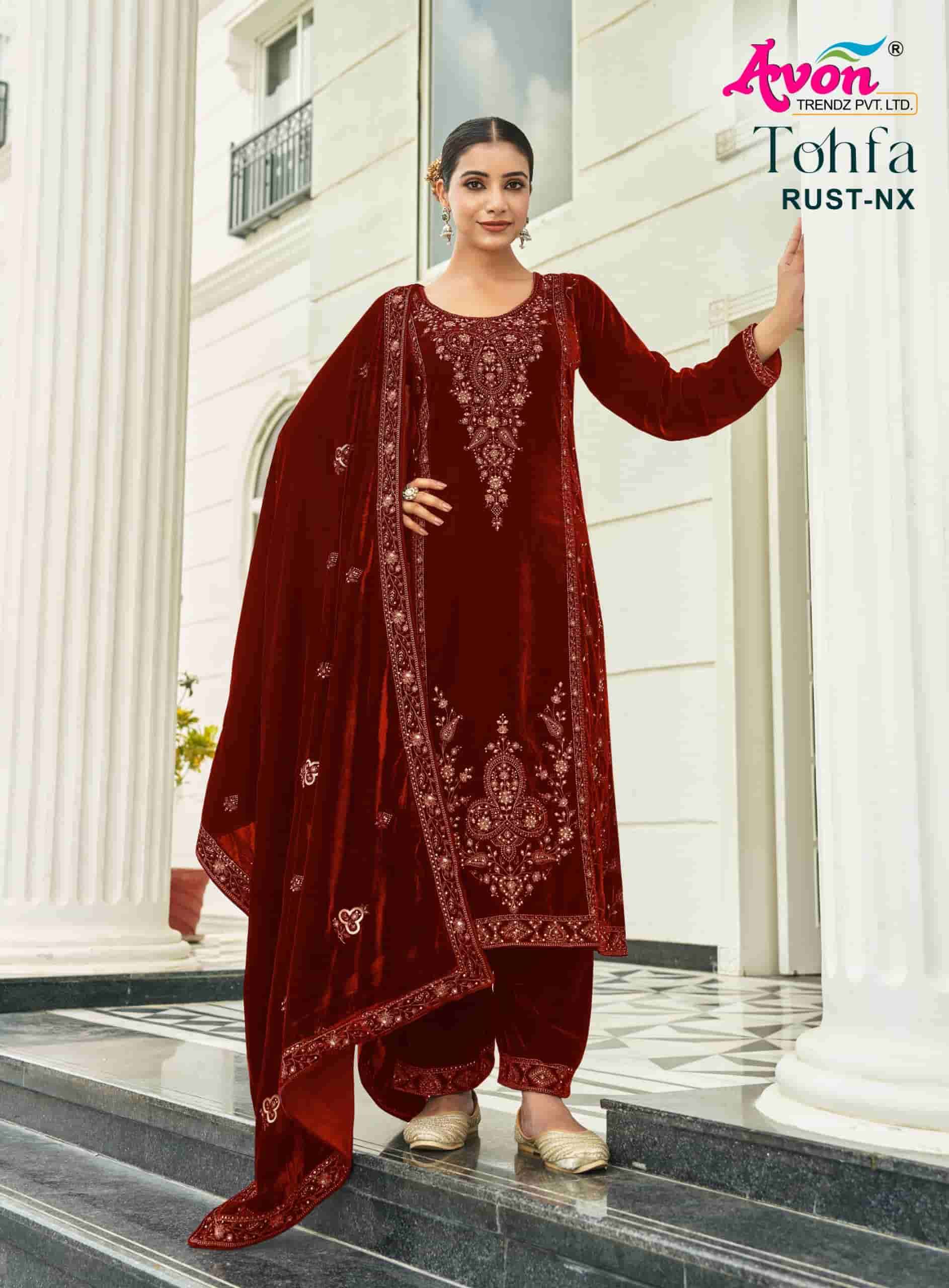 Avon Trendz Tohfa Rust Nx Partywear Style Velvet Designer Suit Collection