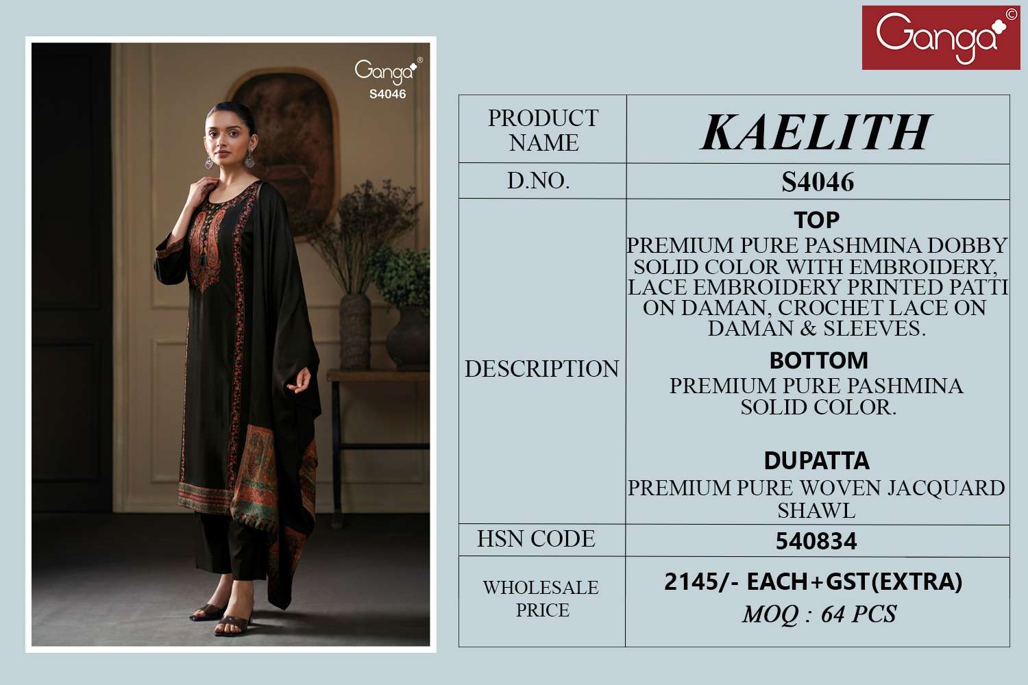 Ganga Fashion Kaelith 4046 Pure Pashmina Suit Premium Collection