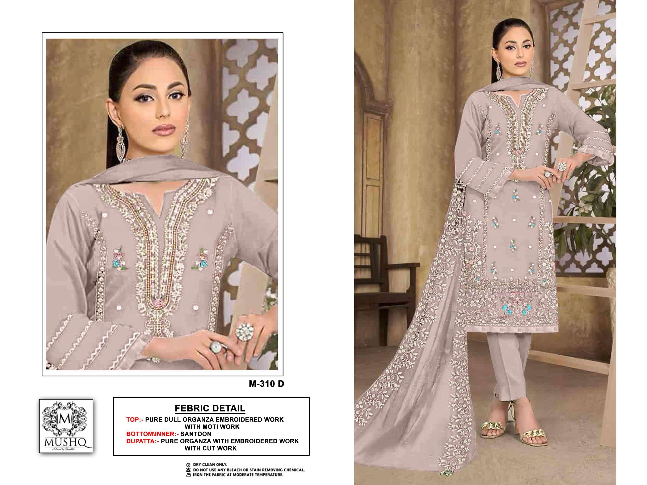 Mushq M 310 D Pakistani Designer Organza Embroidered Suit Ensemble