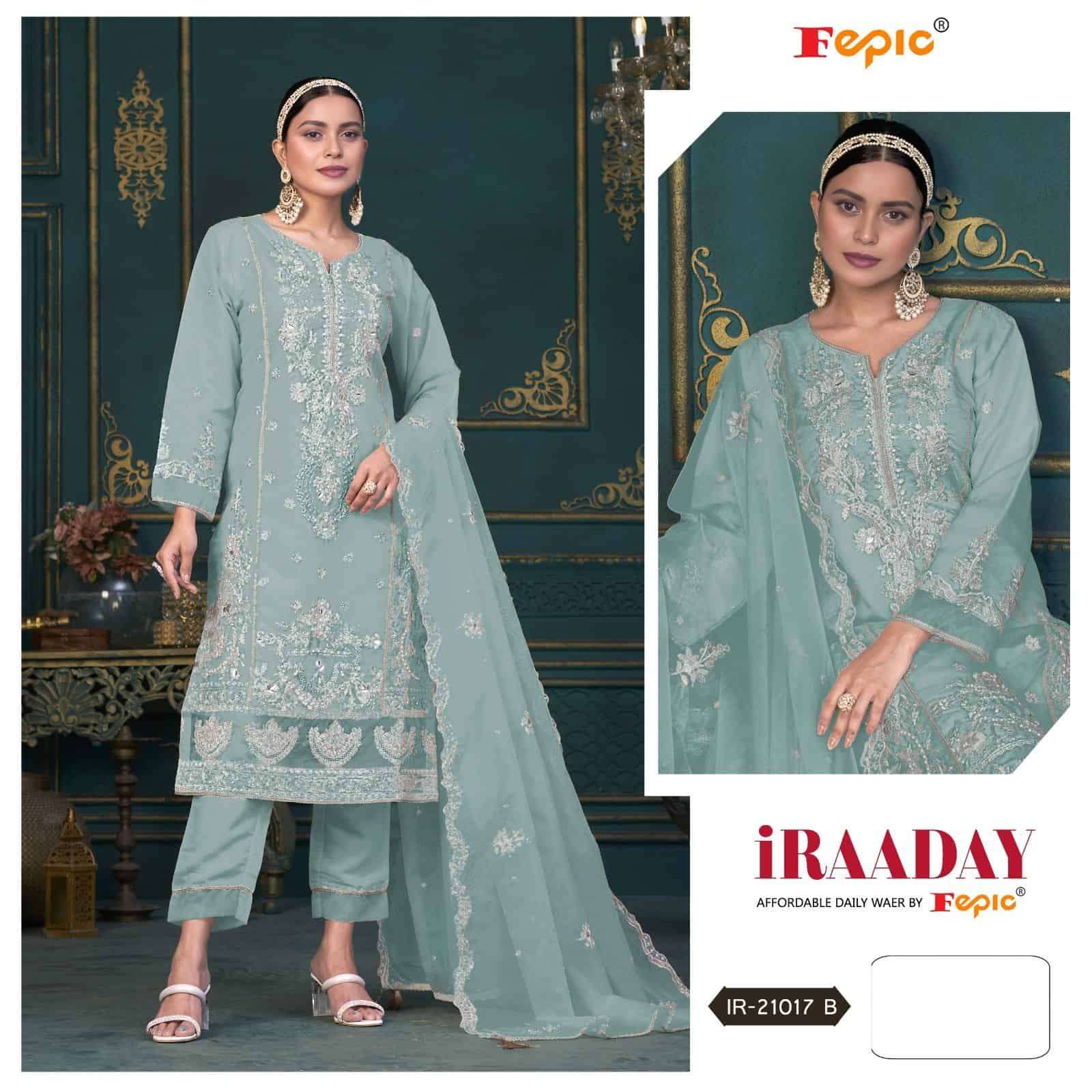 Fepic Iraaday IR 21017 Colors Pakistani Designer Style Organza Embroidered Suit Collection