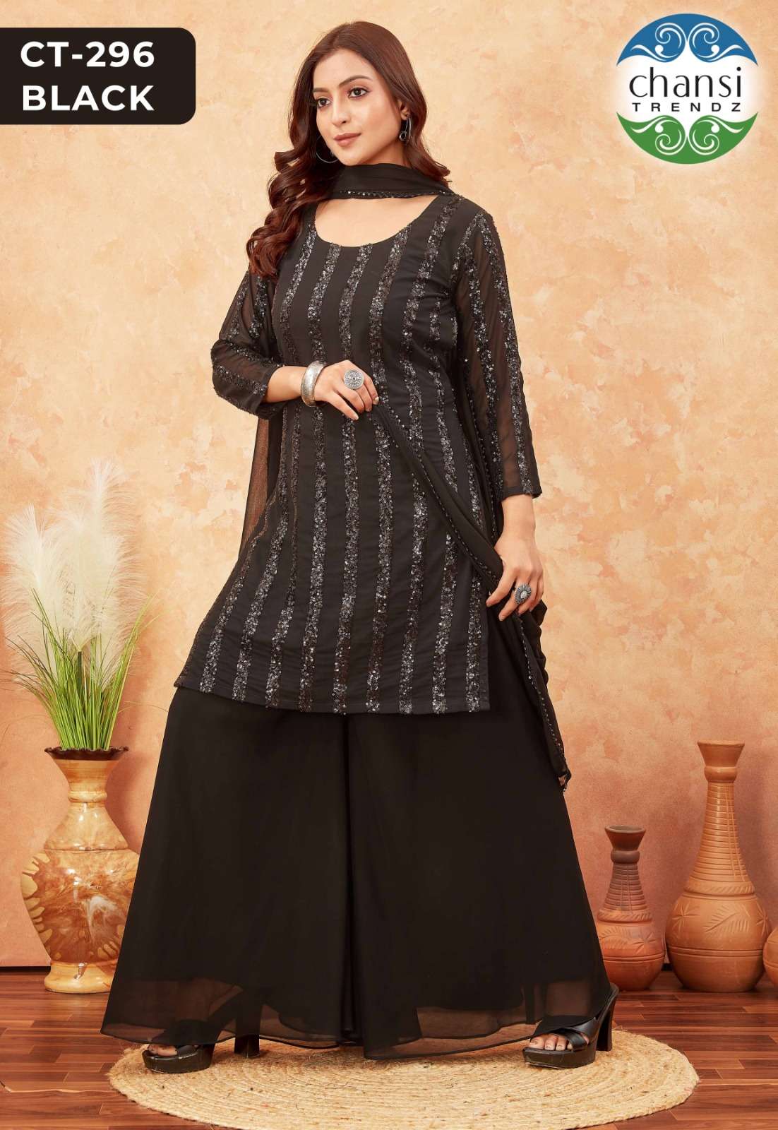 Chansi Trendz Ct 296 Black Fancy Georgette Palazzo Suit Collection